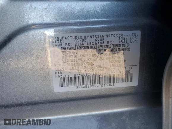 2020 Nissan Sentra S with VIN 3N1AB8BV6LY218365, listed as a Copart auction lot 41756425 with 37,580 mi miles and Salvage Title. Bid and sale history available at DreamBid. Image 14.