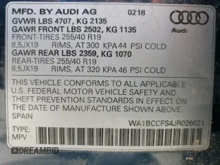 2018 Audi Q3 Premium with VIN WA1BCCFS4JR026621, listed as a Copart auction lot 56717995 with 118,484 mi miles and Salvage title. Bid and sale history available at DreamBid. Image 13.
