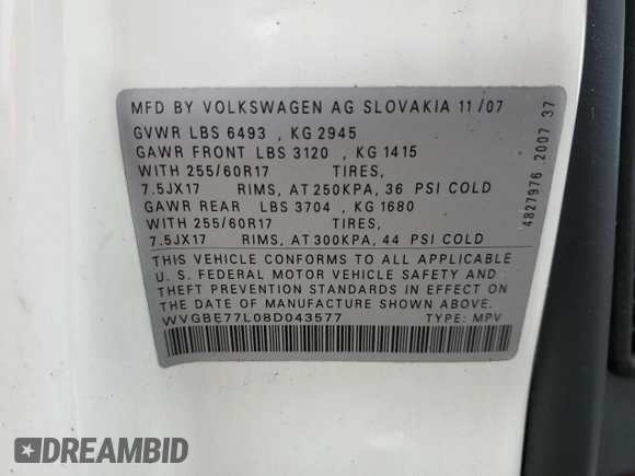 2008 Volkswagen Touareg V6 z VIN WVGBE77L08D043577, wystawiony jako Copart lot #50735775 z przebiegiem Nie podano mil oraz Szkoda całkowita • Salvage title. Historia ofert i sprzedaży dostępna na DreamBid. Obrazek 13.