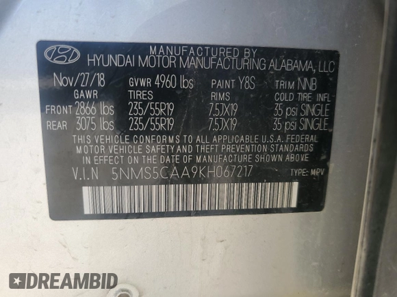 2019 Hyundai Santa Fe Limited z VIN 5NMS5CAA9KH067217, wystawiony jako Copart lot #79640994 z przebiegiem 81 913 mil mil oraz Nie do naprawy • Non repairable. Historia ofert i sprzedaży dostępna na DreamBid. Obrazek 14.