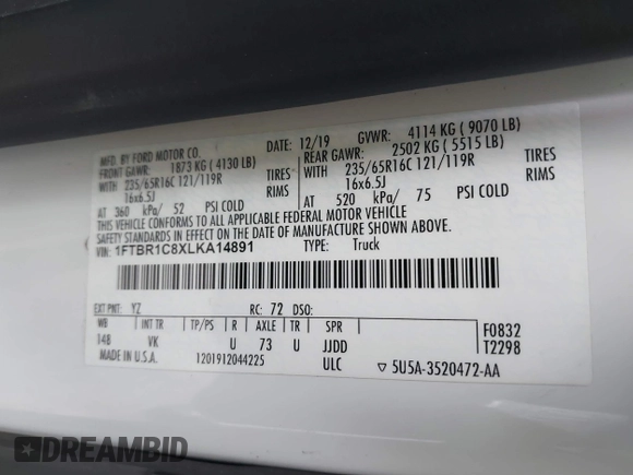 2020 Ford Transit Cargo with VIN 1FTBR1C8XLKA14891, listed as a IAAI auction lot 41435923 with 51,891 mi miles and . Bid and sale history available at DreamBid. Image 9.