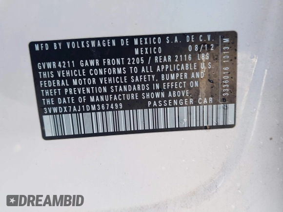 2013 Volkswagen Jetta SE with VIN 3VWDX7AJ1DM367499, listed as a IAAI auction lot 41762284 with 120,554 mi miles and . Bid and sale history available at DreamBid. Image 9.