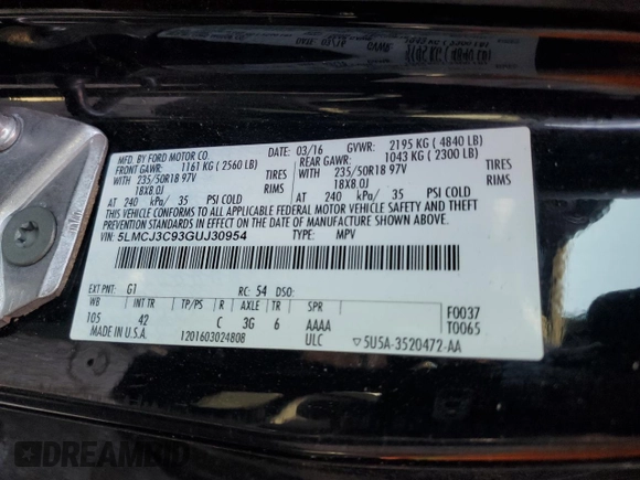2016 Lincoln MKC Reserve with VIN 5LMCJ3C93GUJ30954, listed as a Copart auction lot 62713455 with 100,801 mi miles and Non repairable. Bid and sale history available at DreamBid. Image 14.