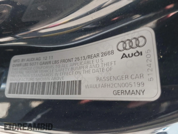 2012 Audi A5 Premium Plus with VIN WAULFAFH2CN005199, listed as a IAAI auction lot 42163081 with 66,146 mi miles and . Bid and sale history available at DreamBid. Image 9.