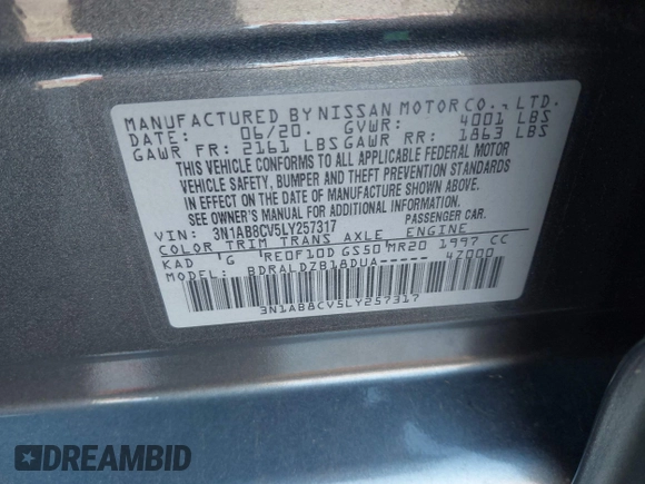 2020 Nissan Sentra SV with VIN 3N1AB8CV5LY257317, listed as a IAAI auction lot 41009086 with 63,048 mi miles. Bid and sale history available at carsss.com. Image 9.