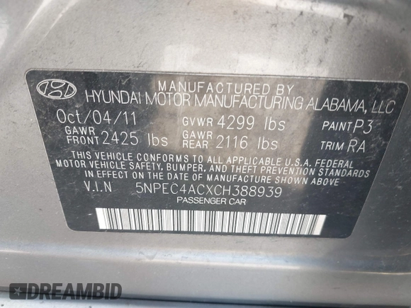 2012 Hyundai Sonata 2.4L Limited PZEV with VIN 5NPEC4ACXCH388939, listed as a IAAI auction lot 41880420 with 353,999 mi miles. Bid and sale history available at carsss.com. Image 9.