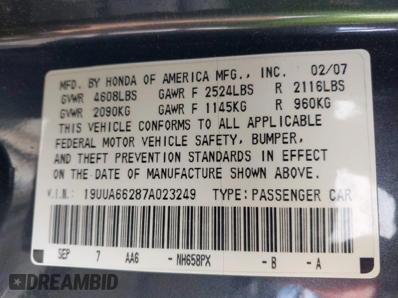2007 Acura TL with VIN 19UUA66287A023249, listed as a IAAI auction lot 42091228 with 242,269 mi miles. Bid and sale history available at carsss.com. Image 9.