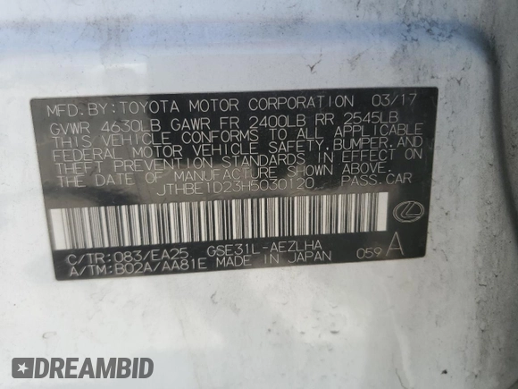 2017 Lexus IS 350 with VIN JTHBE1D23H5030120, listed as a Copart auction lot 50445265 with 167,466 mi miles and Salvage title. Bid and sale history available at DreamBid. Image 14.