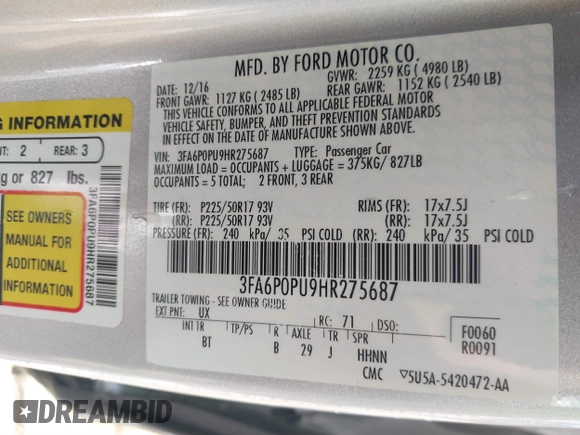 2017 Ford Fusion SE with VIN 3FA6P0PU9HR275687, listed as a IAAI auction lot 41839059 with 119,829 mi miles and . Bid and sale history available at carsss.com. Image 9.