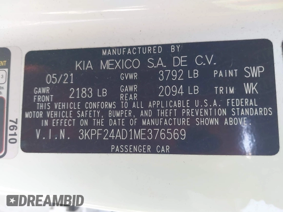 2021 Kia Forte LXS z VIN 3KPF24AD1ME376569, wystawiony jako IAAI lot #42592399 z przebiegiem 13 453 mil mil oraz . Historia ofert i sprzedaży dostępna na DreamBid. Obrazek 9.