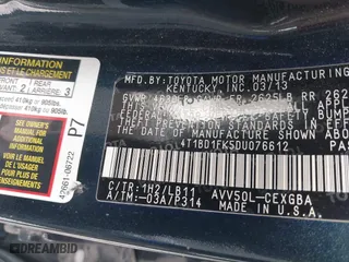 2013 Toyota Camry Hybrid LE with VIN 4T1BD1FK5DU076612, listed as a IAAI auction lot 42000025 with 210,000 mi miles. Bid and sale history available at carsss.com. Image 9.