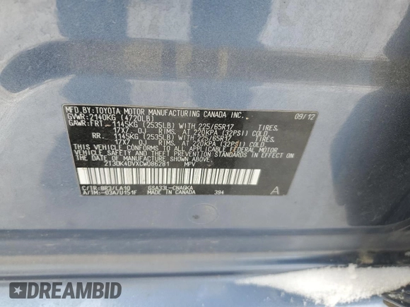 2012 Toyota RAV4 Limited with VIN 2T3DK4DVXCW086281, listed as a Copart auction lot 45323715 with 156,284 mi miles and Salvage Title. Bid and sale history available at carsss.com. Image 13.