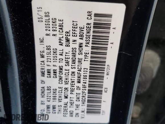 2015 Honda Accord Sport with VIN 1HGCR2F58FA186103, listed as a Copart auction lot 55745085 with 157,599 mi miles and Salvage Title. Bid and sale history available at DreamBid. Image 13.