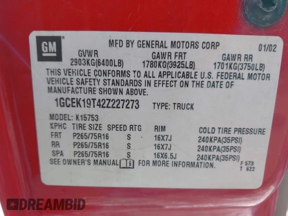 2002 Chevrolet Silverado 1500 LS with VIN 1GCEK19T42Z227273, listed as a IAAI auction lot 41595432 with 247,934 mi miles and . Bid and sale history available at DreamBid. Image 9.