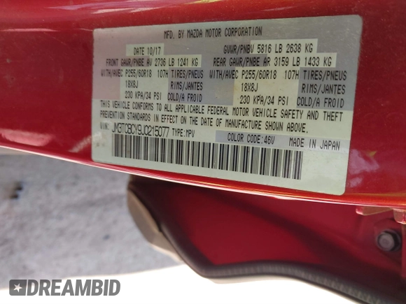 2018 Mazda CX-9 Touring with VIN JM3TCBCY9J0215077, listed as a IAAI auction lot 41639459 with 137,564 mi miles. Bid and sale history available at carsss.com. Image 9.