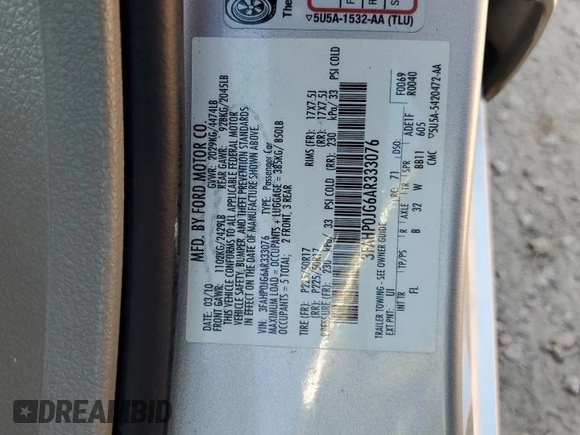 2010 Ford Fusion SEL with VIN 3FAHP0JG6AR333076, listed as a Copart auction lot 48672535 with 314,113 mi miles and Salvage Title. Bid and sale history available at carsss.com. Image 12.