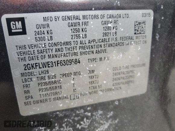 2015 GMC Terrain SLE with VIN 2GKFLWE31F6309584, listed as a Copart auction lot 88470825 with 160,029 mi miles and Salvage Title. Bid and sale history available at DreamBid. Image 16.