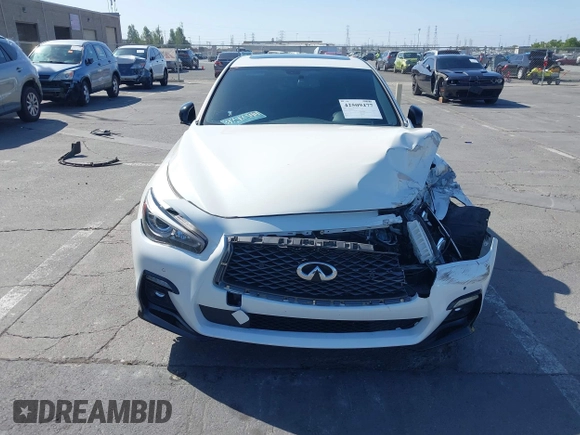 2021 Infiniti Q50 Red Sport 400 with VIN JN1FV7DR9MM880601, listed as a IAAI auction lot 42509477 with 28,202 mi miles and . Bid and sale history available at DreamBid. Image 13.