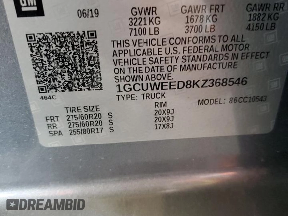 2019 Chevrolet Silverado 1500 with VIN 1GCUWEED8KZ368546, listed as a Copart auction lot 52995015 with 95,713 mi miles and Salvage Title. Bid and sale history available at DreamBid. Image 12.
