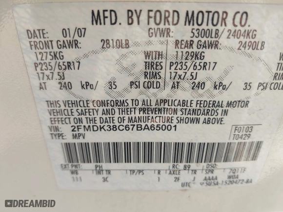 2007 Ford Edge SEL with VIN 2FMDK38C67BA65001, listed as a IAAI auction lot 41965329 with 279,323 mi miles. Bid and sale history available at carsss.com. Image 9.