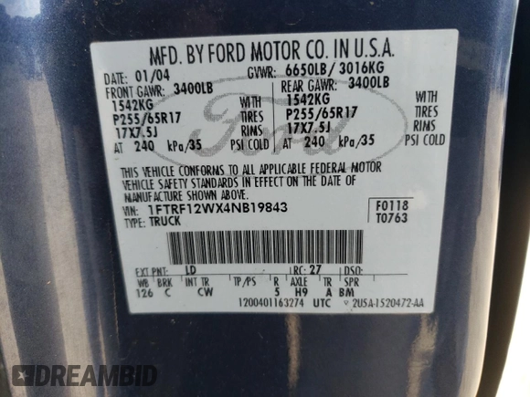 2004 Ford F-150 XL z VIN 1FTRF12WX4NB19843, wystawiony jako Copart lot #63184855 z przebiegiem 275 692 mil mil oraz Szkoda całkowita • Salvage title. Historia ofert i sprzedaży dostępna na DreamBid. Obrazek 12.