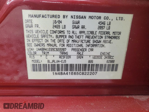 2005 Nissan Maxima 3.5 SL with VIN 1N4BA41E65C822207, listed as a Copart auction lot 70606914 with 477,402 mi miles and Clean Title. Bid and sale history available at carsss.com. Image 12.