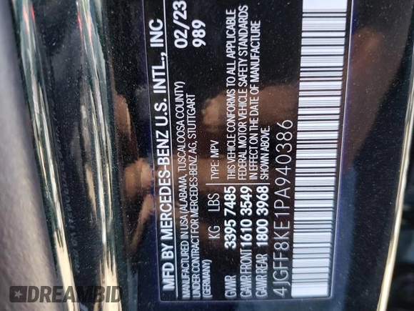 2023 Mercedes-Benz GLS 63 AMG with VIN 4JGFF8KE1PA940386, listed as a Copart auction lot 66294323 with 4,477 mi miles and . Bid and sale history available at DreamBid. Image 14.