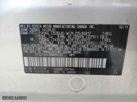 2011 Toyota RAV4 with VIN 2T3ZF4DV2BW094352, listed as a Copart auction lot 87879395 with 209,265 mi miles and Salvage Title. Bid and sale history available at carsss.com. Image 15.