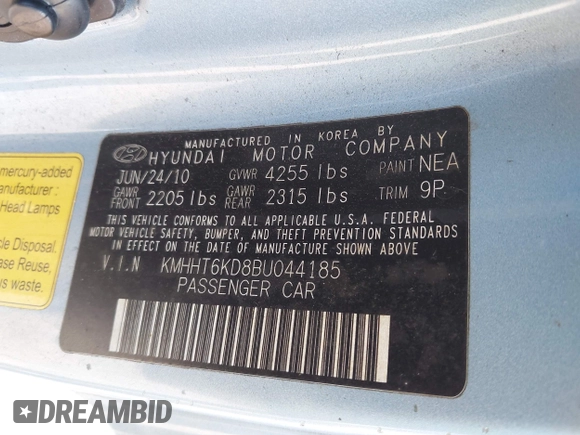 2011 Hyundai Genesis Coupe with VIN KMHHT6KD8BU044185, listed as a IAAI auction lot 42189787 with 136,039 mi miles and . Bid and sale history available at DreamBid. Image 9.