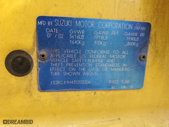 2003 Suzuki Aerio SX with VIN JS2RC41H435203206, listed as a Copart auction lot 79682674 with NaN miles and Salvage Title. Bid and sale history available at carsss.com. Image 14.