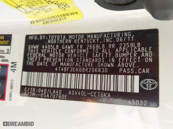 2011 Toyota Camry LE with VIN 4T4BF3EK6BR206830, listed as a IAAI auction lot 41981172 with 144,585 mi miles. Bid and sale history available at carsss.com. Image 9.