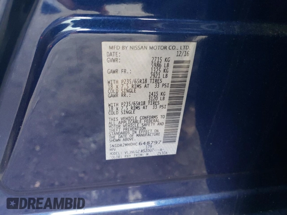 2017 Nissan Pathfinder SL with VIN 5N1DR2MM0HC648797, listed as a Copart auction lot 57584855 with 176,523 mi miles and Salvage title. Bid and sale history available at DreamBid. Image 13.