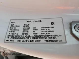 2021 Tesla Model 3 Long Range with VIN 5YJ3E1EB0MF938991, listed as a Copart auction lot 87488384 with Not Provided miles and Salvage Title. Bid and sale history available at carsss.com. Image 12.