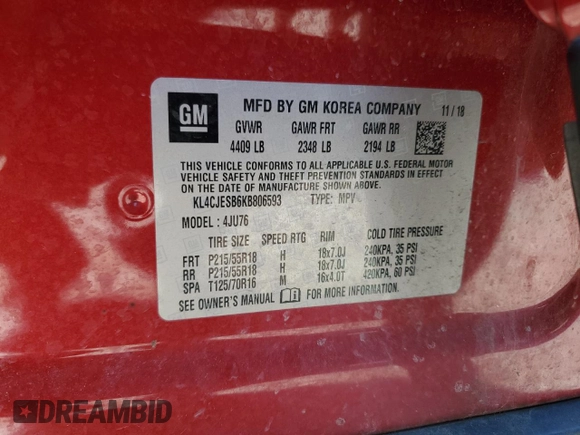 2019 Buick Encore Preferred with VIN KL4CJESB6KB806593, listed as a Copart auction lot 48883565 with 108,462 mi miles and Salvage Title. Bid and sale history available at DreamBid. Image 14.