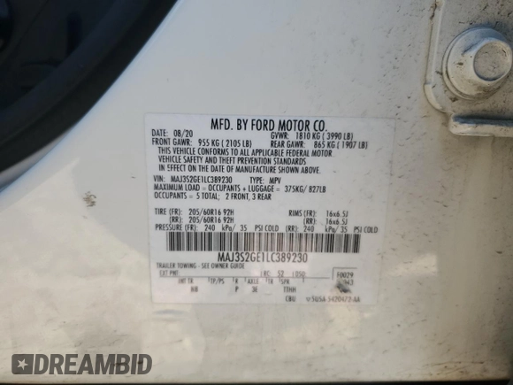 2020 Ford EcoSport SE with VIN MAJ3S2GE1LC389230, listed as a Copart auction lot 42177175 with 61,919 mi miles and Salvage Title. Bid and sale history available at carsss.com. Image 13.