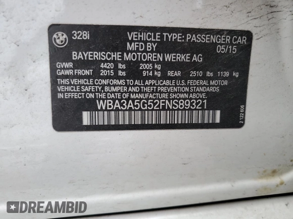 2015 BMW 3 Series 328i с VIN WBA3A5G52FNS89321, выставлен на аукционе Copart как лот 59437105 с пробегом 98 434 миль миль и Списание • Salvage title. История ставок и продаж доступна на DreamBid. Изображение 12.