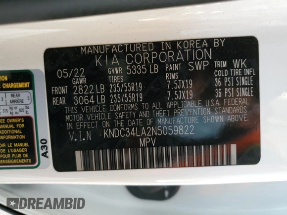 2022 Kia EV6 Wind z VIN KNDC34LA2N5059822, wystawiony jako Copart lot #54371445 z przebiegiem 78 895 mil mil oraz Szkoda całkowita • Salvage title. Historia ofert i sprzedaży dostępna na DreamBid. Obrazek 13.