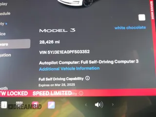 2023 Tesla Model 3 with VIN 5YJ3E1EA0PF503352, listed as a IAAI auction lot 41718658 with 28,426 mi miles and . Bid and sale history available at DreamBid. Image 7.