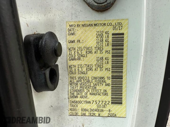 2017 Nissan Frontier S with VIN 1N6BD0CT9HN75772, listed as a Copart auction lot 60472795 with 144,888 mi miles and Clean title. Bid and sale history available at DreamBid. Image 10.