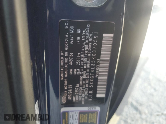 2019 Kia Optima S with VIN 5XXGT4L35KG370591, listed as a Copart auction lot 77912654 with 24,931 mi miles and Salvage Title. Bid and sale history available at carsss.com. Image 14.