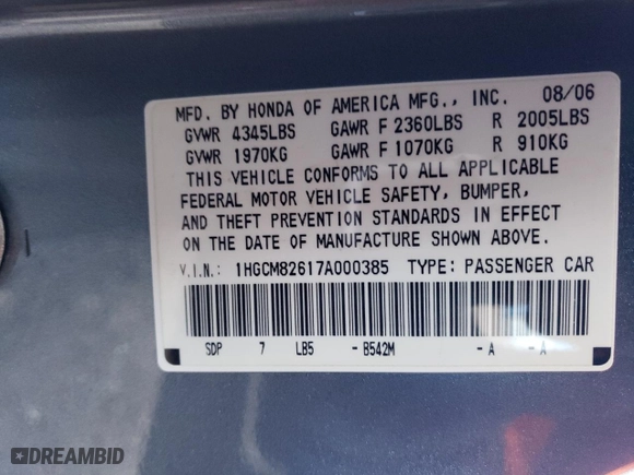 2007 Honda Accord Cpe EX-L with VIN 1HGCM82617A000385, listed as a Copart auction lot 86981654 with NaN miles and Salvage Title. Bid and sale history available at carsss.com. Image 12.