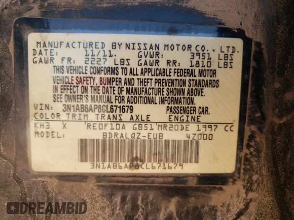 2012 Nissan Sentra 2.0 with VIN 3N1AB6AP8CL671679, listed as a Copart auction lot 56039205 with 212,676 mi miles and Salvage title. Bid and sale history available at DreamBid. Image 13.
