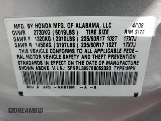 2008 Honda Odyssey Touring z VIN 5FNRL38978B062320, wystawiony jako Copart lot #59898345 z przebiegiem 229 760 mil mil oraz Czysty tytuł • Clean title. Historia ofert i sprzedaży dostępna na DreamBid. Obrazek 13.