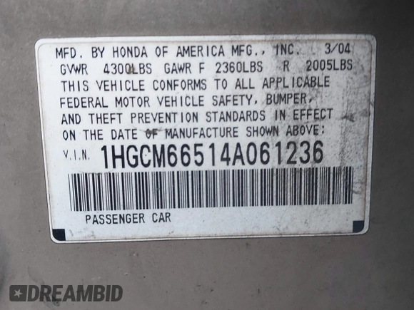 2004 Honda Accord EX with VIN 1HGCM66514A061236, listed as a IAAI auction lot 42565461 with 214,605 mi miles and . Bid and sale history available at DreamBid. Image 9.