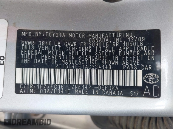 2010 Toyota Corolla with VIN 2T1BU4EE1AC334148, listed as a IAAI auction lot 42518105 with 151,913 mi miles and . Bid and sale history available at DreamBid. Image 9.