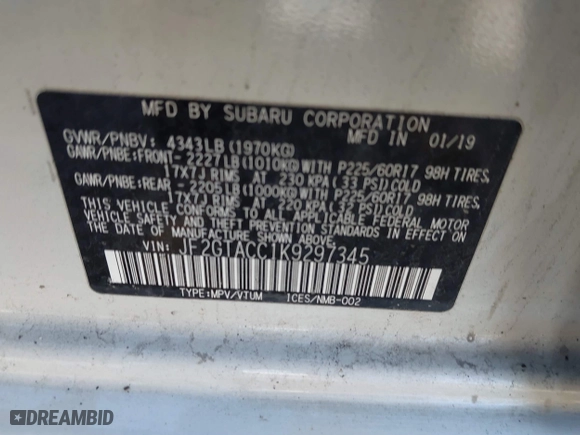 2019 Subaru Crosstrek Premium with VIN JF2GTACC1K9297345, listed as a IAAI auction lot 41679712 with 79,193 mi miles. Bid and sale history available at carsss.com. Image 9.