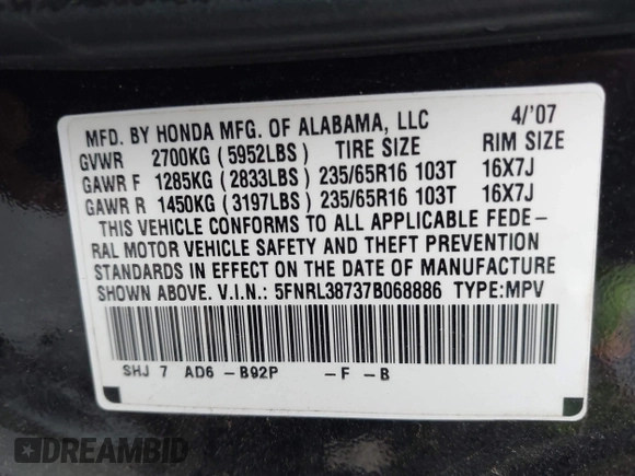 2007 Honda Odyssey EX-L with VIN 5FNRL38737B068886, listed as a IAAI auction lot 42169653 with 180,337 mi miles. Bid and sale history available at carsss.com. Image 9.