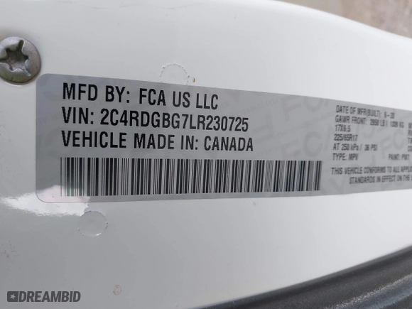 2020 Dodge Grand Caravan SE Plus with VIN 2C4RDGBG7LR230725, listed as a IAAI auction lot 41947348 with 63,380 mi miles. Bid and sale history available at carsss.com. Image 9.