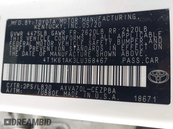 2020 Toyota Camry XSE with VIN 4T1K61AK3LU368467, listed as a IAAI auction lot 42168601 with 78,907 mi miles and . Bid and sale history available at DreamBid. Image 9.