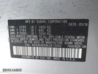 2019 Subaru Impreza Premium with VIN 4S3GKAD66K3612590, listed as a IAAI auction lot 41342220 with 21,613 mi miles. Bid and sale history available at carsss.com. Image 9.